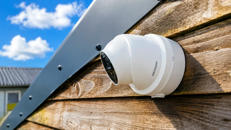 Turret-style security camera mounted on a wooden shed.