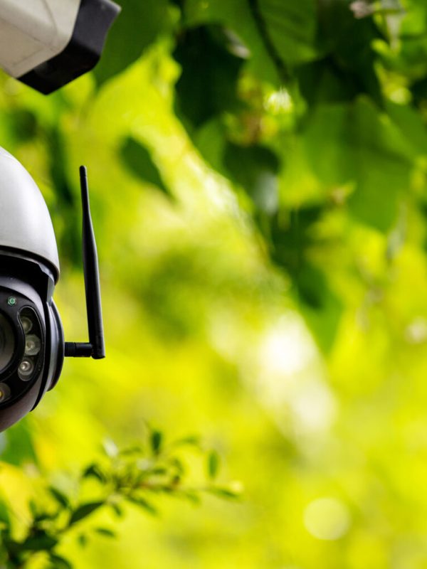Online Security CCTV camera surveillance system outdoor of house. A blurred night city scape background. Real time Modern CCTV camera on a pole. Equipment system service for safety life or asset.